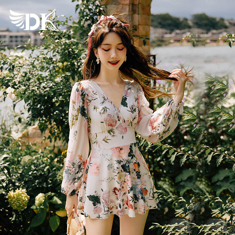 DK Long-Sleeve Swimsuit for Women, 2026 New Style, Elegant And Slimming One-Piece Conservative Swimwear, Flattering for Curvy Girls, Suitable for Hot Springs, Colorful