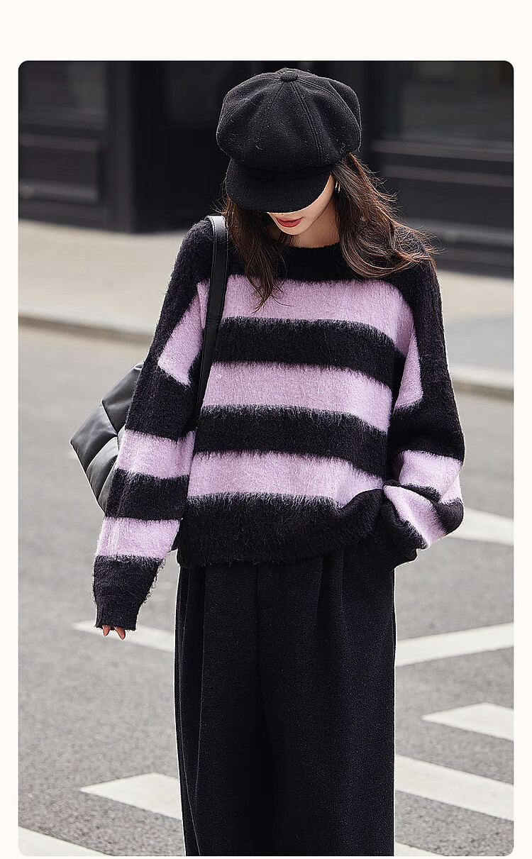 DME Fashionable Casual Style Winter Round Neck Raglan Sleeve Faux Fur Striped Elegant Color Block Knit Sweater Women's Top, Purple XL 2