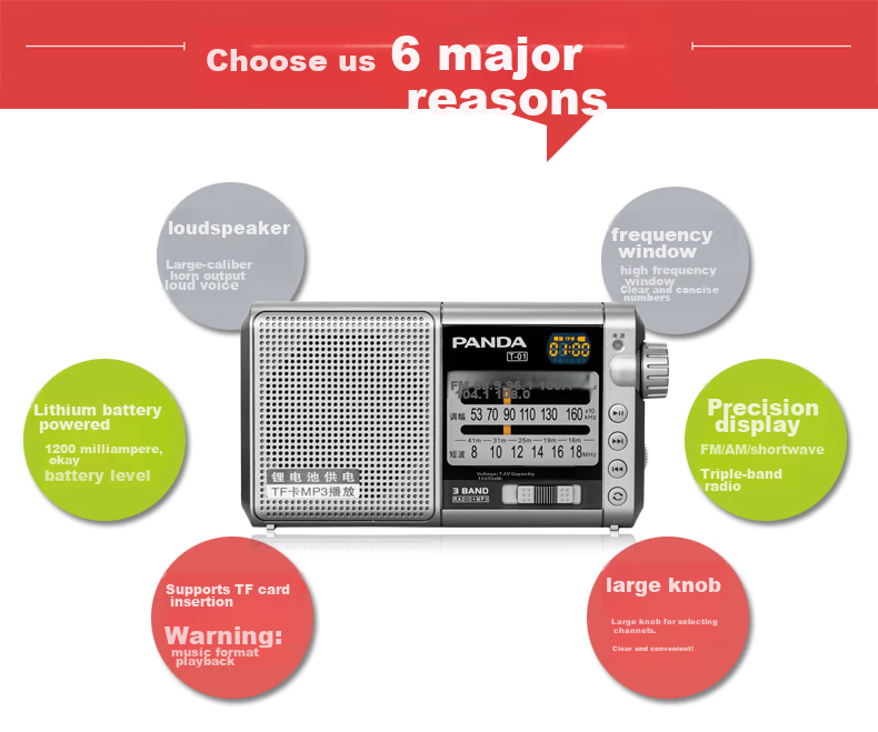 Panda T-01, Gift for The Elderly, Mini Three-Band Semiconductor, Full Band Radio, Card-Slot Lithium Battery Digital Audio Player (Silver) 14