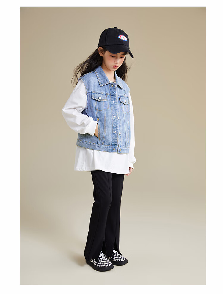 QQ DUCK Children's Denim Vest, Girls' Sleeveless Jacket, Youth Clothing, Classic Vest in Light Blue; Size 130 12