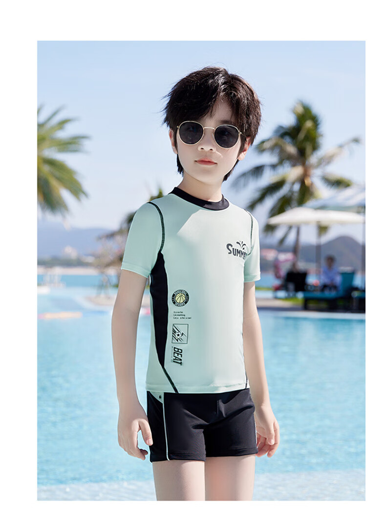 Youyou Children's Two-Piece Boys' Youth Swimsuit, Training Sun Protection Swimwear, Swimming Trunks Five-Piece Set, 32674 Green XL 16