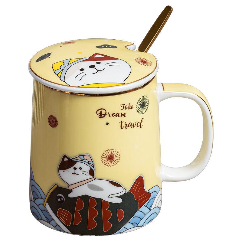 Banwu Life Ceramic Mug with Lid and Spoon High-Quality Office Tea Cup Cute Milk Cup for Women