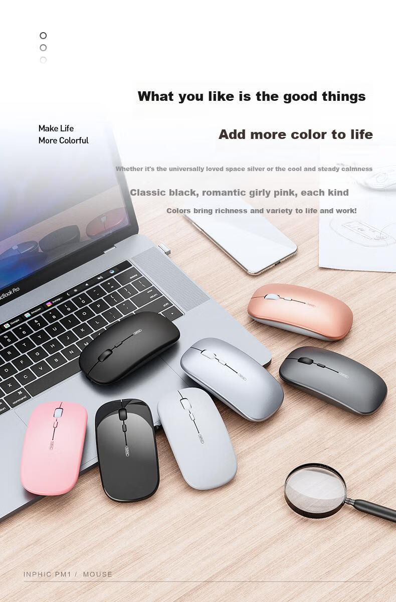 INPHIC M1 PRO Wireless Bluetooth Tri-Mode Rechargeable Silent Mouse with Battery Indicator, Compatible with Laptops, Bluetooth 5.0, Metal Gray 10
