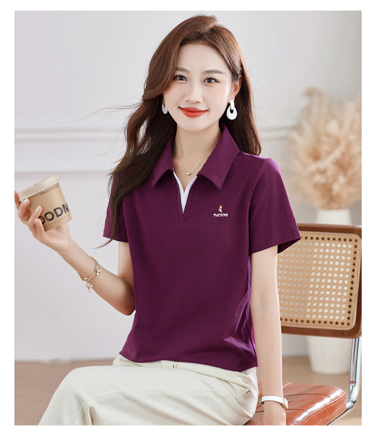 TUCANO Women's Short Sleeve T-Shirt Summer New V-Neck Polo Shirt Pure Cotton Slim Fit Sports Casual Top Purple Red M 14
