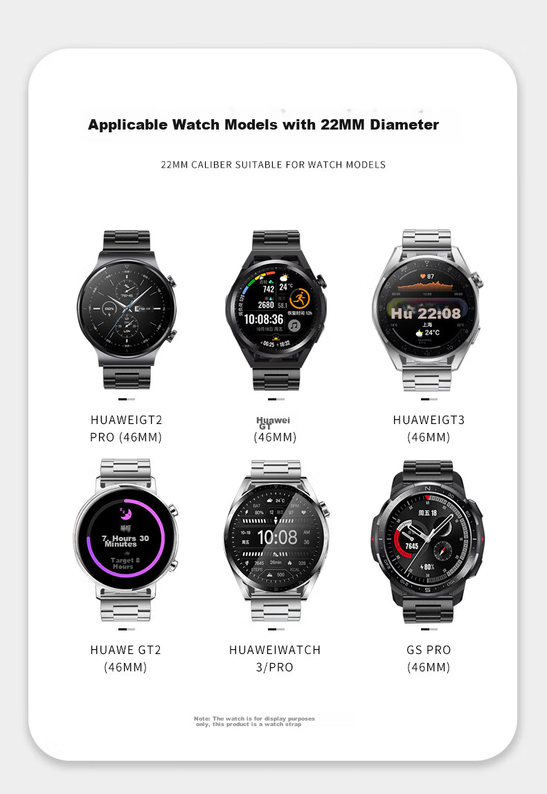 MSSM Compatible Metal Stainless Steel Watch Band for Huawei Watch 5/4/GT6/GT6pro/5/4pro/3/Honor Magic2/GS3, Single Bead 316 Steel Strap - Black 22MM 4