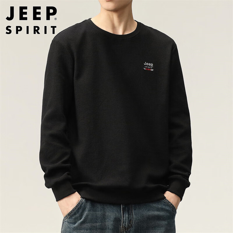 JEEP SPIRIT Men's Sweatshirt, Autumn Round Neck Long Sleeve T-Shirt, Loose Waffle Knit Base Layer, Black, M