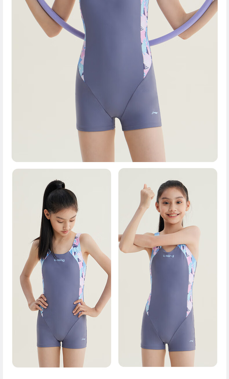 Li-Ning Youth Swimsuit, Girls' Comfortable Sports One-Piece Sleeveless Boyleg, Professional Training Swimwear, 0011 Gray-Purple, Size 160 14