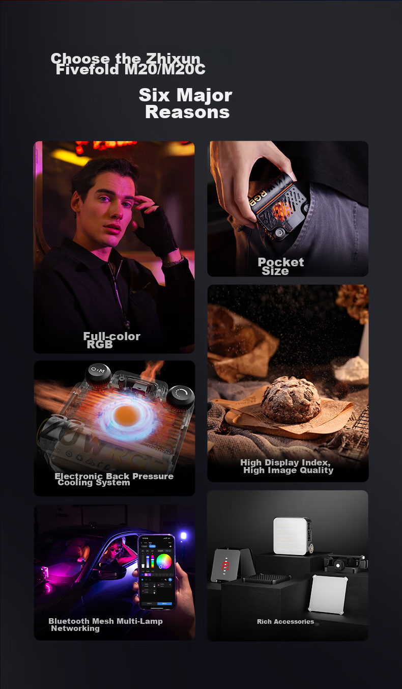 Zhiyun Five-Fold Fill Light M20, Live Streaming Fill Light, Indoor LED Handheld Portable Pocket Outdoor Professional Shooting Photography Lighting Continuous Light M20 COMBO 7