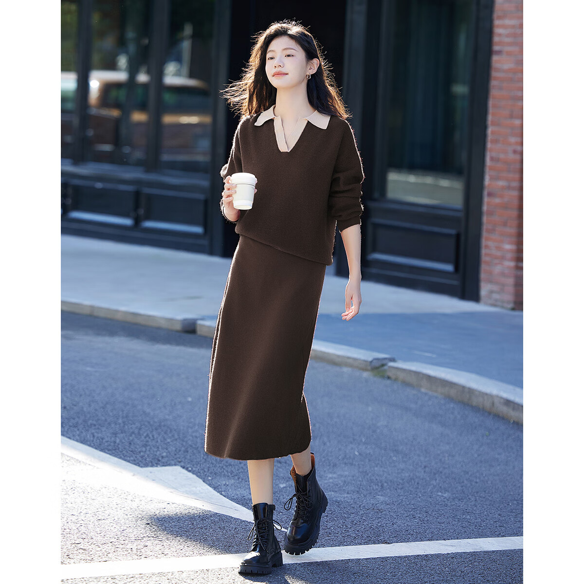Demana Color-Block Polo Collar Set Autumn Long Sleeve Pullover Knit Two-Piece Set for Women