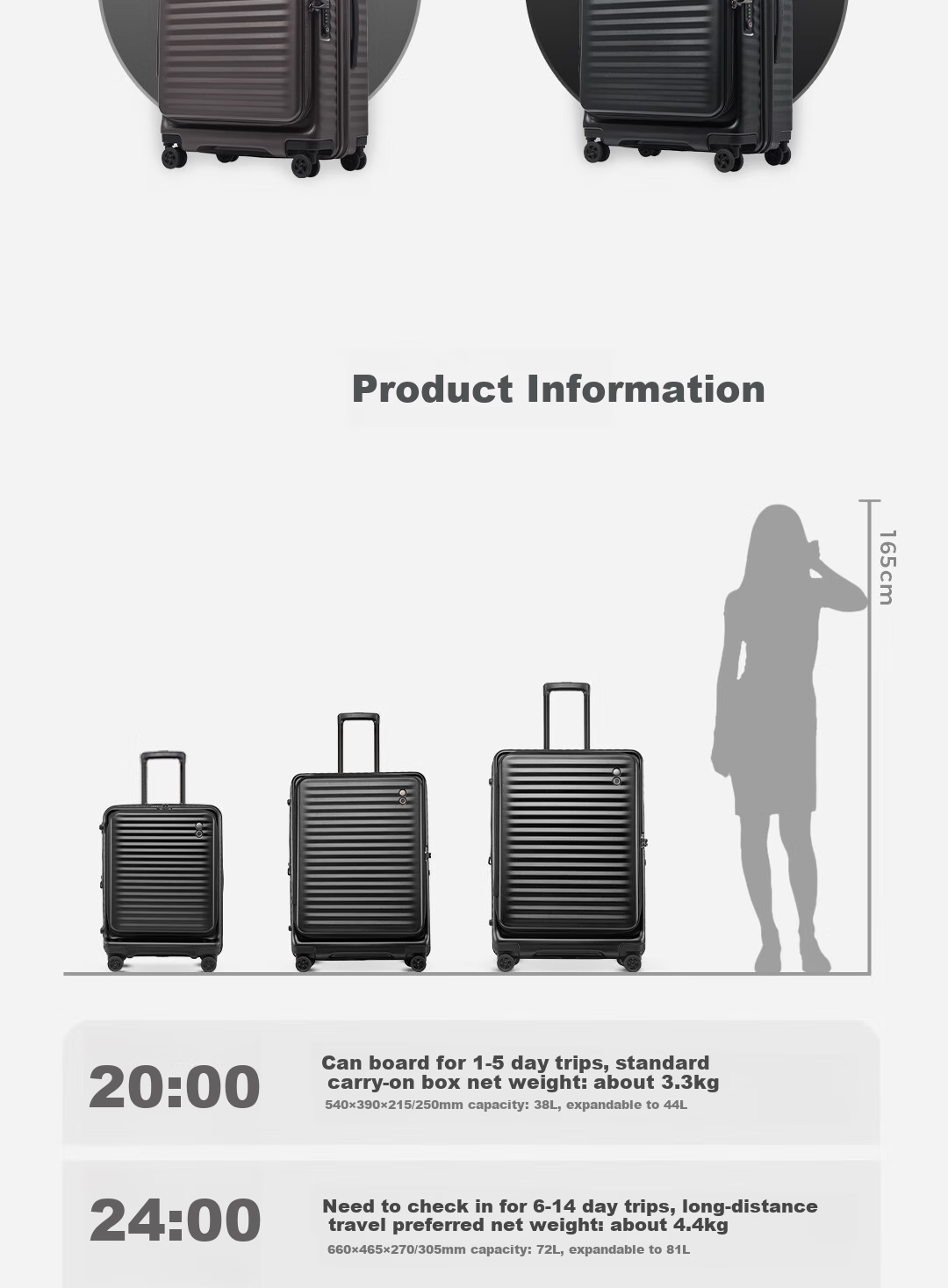 Echolac Front-Opening Luggage with Expandable Handle, High-Quality TSA Travel Suitcase PC183F 24-Inch Milk Tea Gray 16