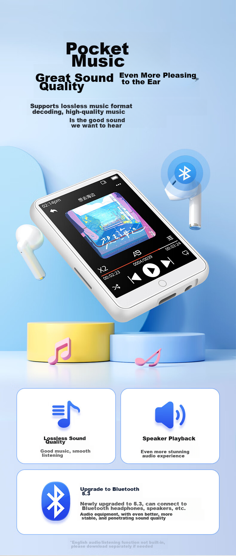 FAMUE PA01 64GB MP3/MP4 Player, Lossless Music Student English Learning Portable Player, 2.4-Inch Dictionary External Speaker Bluetooth 5.3, White 6