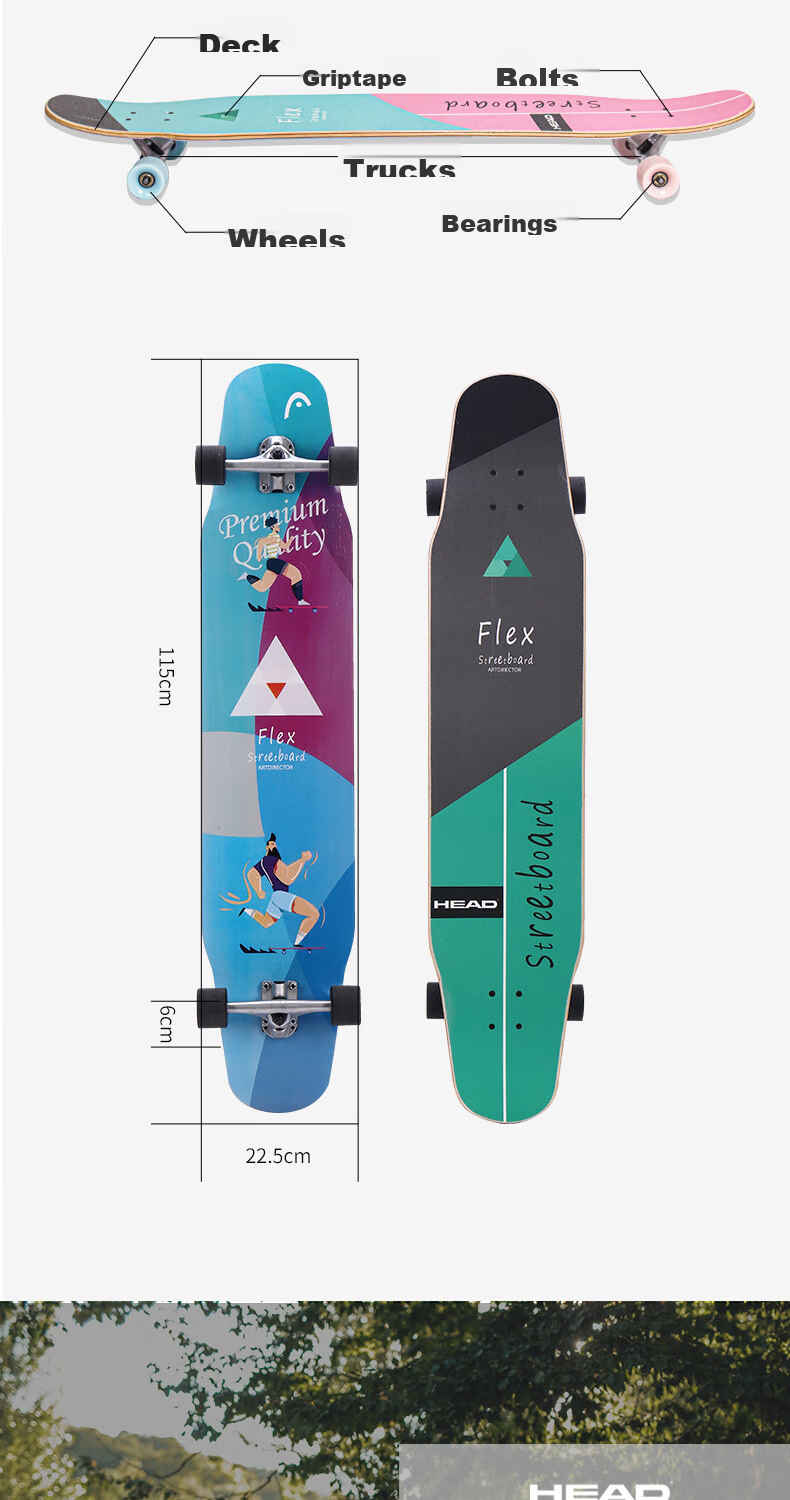 HEAD Skateboard Longboard Professional Board for Adults, Flat Flower Design for Men, Women And Children, Gift for Beginners, Entry-Level Road Skateboard, Street Skateboard, Commuter Skateboard 15