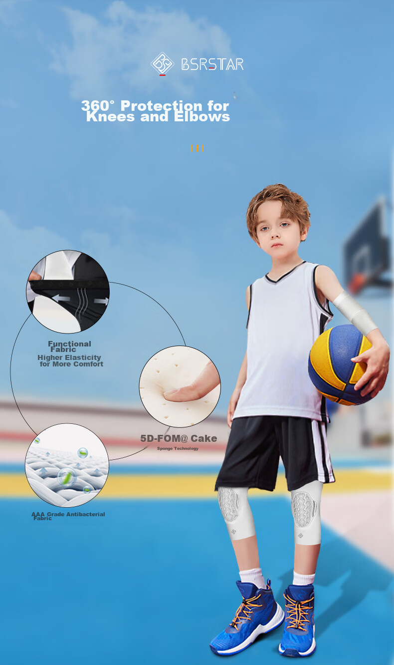 Bestray 5D FOM Children's Basketball Knee And Elbow Pads Set, Anti-Fall Sports Professional Soccer Knee Pads, Specialized 6