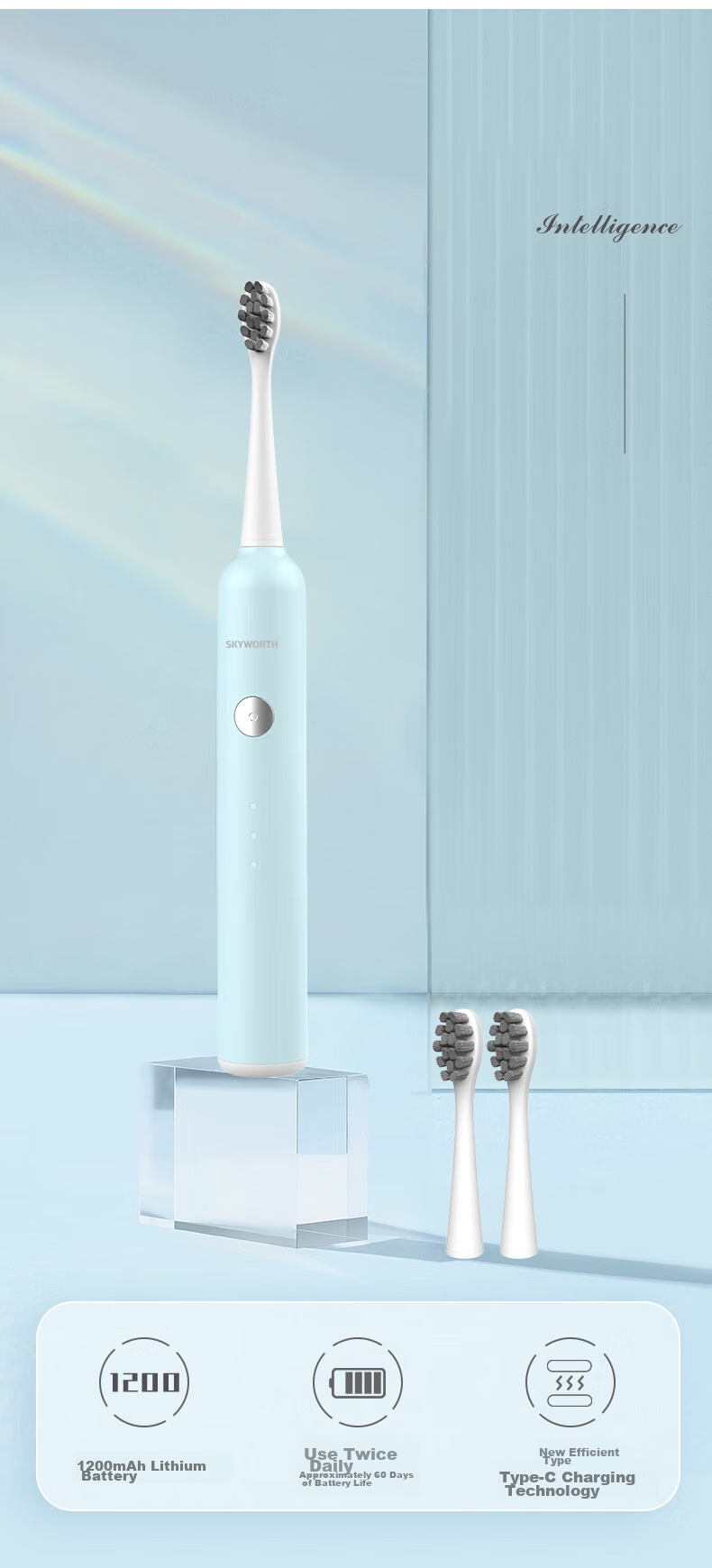 Skyworth Sonic Electric Toothbrush for Adults, Rechargeable Smart Couple Automatic Toothbrush for Men Women Students, Valentine's Day Gift Box Set with Long Battery Life, Single Pack P16 Blue Model 3