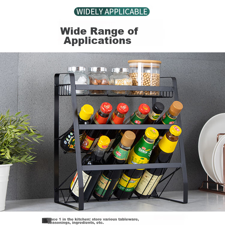Ourunzhe Kitchen Storage Rack, Countertop Oil Bottle Holder, Spice Rack, Condiment Organizer, No Drilling Required, Desktop Storage Shelf, Slanted Design, 3-Tier 7