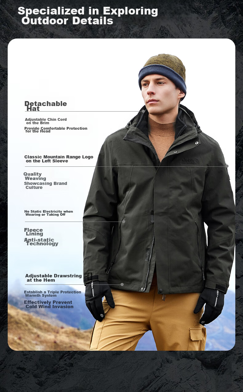 Jeep Men's Three-In Jacket, Outdoor Windproof And Waterproof, Detachable Fleece, Mountaineering Coat, 081 Brand, Black, Size M 8