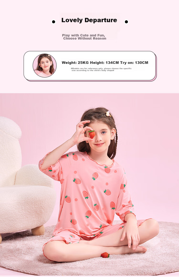 LangSha Children's Pajamas, Girls' Summer Thin Cool Modal Sleepwear Set, Youth Three-Quarter Sleeve Loungewear, Pink, Size 120 9