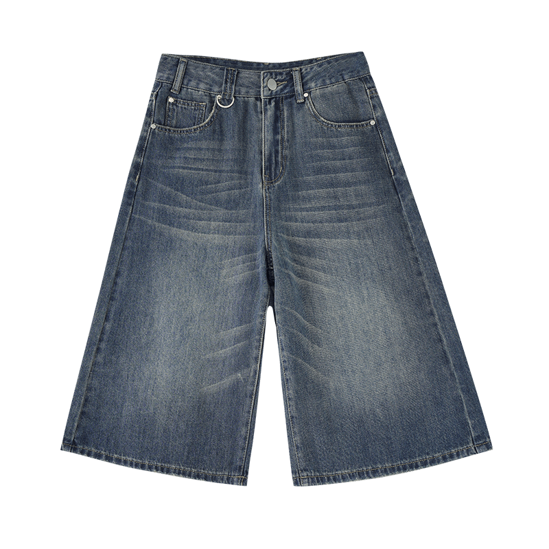 Free Style High-Waist Vintage Blue Cropped Denim Shorts for Women Summer 2026 New Loose Slimming Wide-Leg Casual Pants