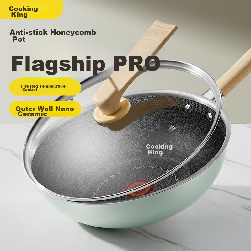 Chuidahuang Wok, 316L Stainless Steel Frying Pan, Fire Red Dot Honeycomb Exterior, Ceramic Non-Stick Pan, Flat Bottom Frying Pan, 32cm