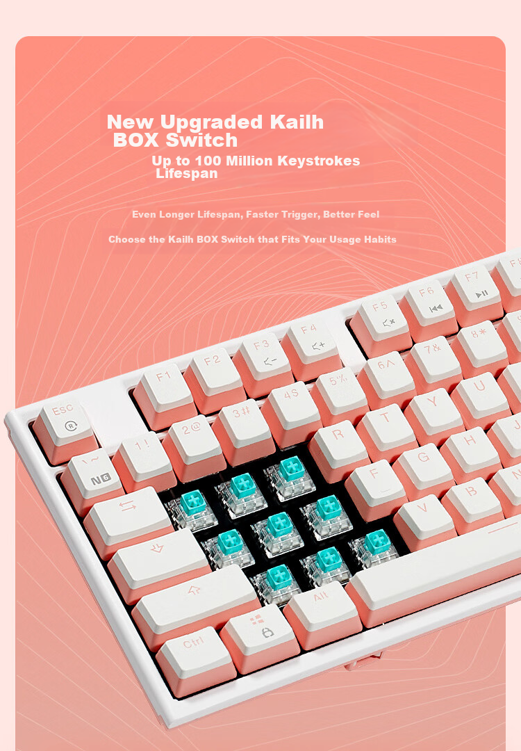 Hyeku X5Pro Wireless Bluetooth Wired Tri-Mode Keyboard with 108 Keys, PBT Keycaps, Peach Bubbles Water, Kaixia BOX Rose Red Switches 6