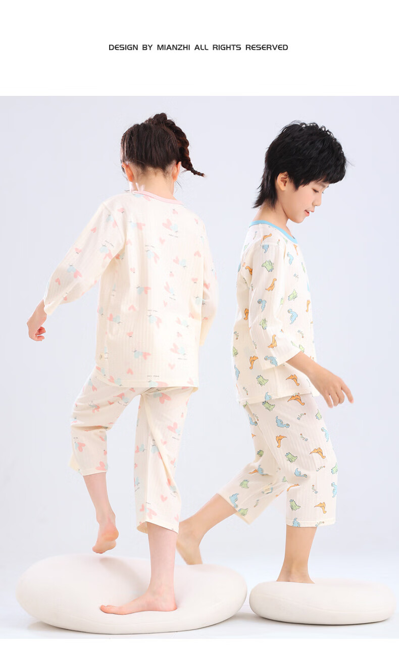YUZHAOLIN Children's Pajamas Spring Boys And Girls Home Wear Set Cotton Student Air Conditioning Clothes Blue Dinosaur 140 14