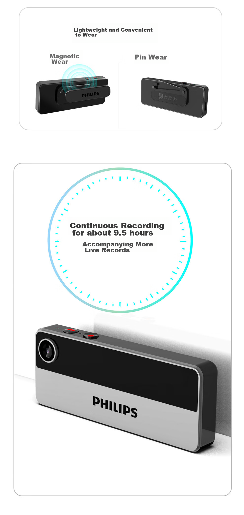 PHILIPS VTR8001 Badge-Style Law Enforcement Body Camera, Portable Chest-Mounted Mini Video Recorder, WiFi Connected, 128GB 10