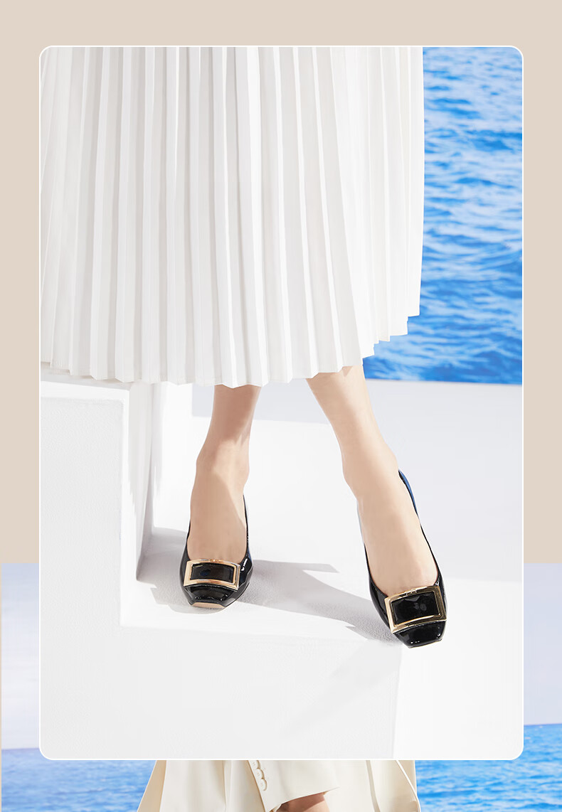 COMELY Women's Single Shoes, Spring New Style, Square Buckle Genuine Leather Versatile Chunky Heel Elegant Patent Leather Commuter High Heels, Milk Tea Color, Size 39 13