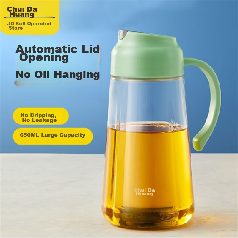 COOKER KING Glass Oil Dispenser with Automatic Opening And Closing, Leak-Proof Household Oil Bottle, Oil Container for Sesame Oil, Soy Sauce, Vinegar, Green, 650ml