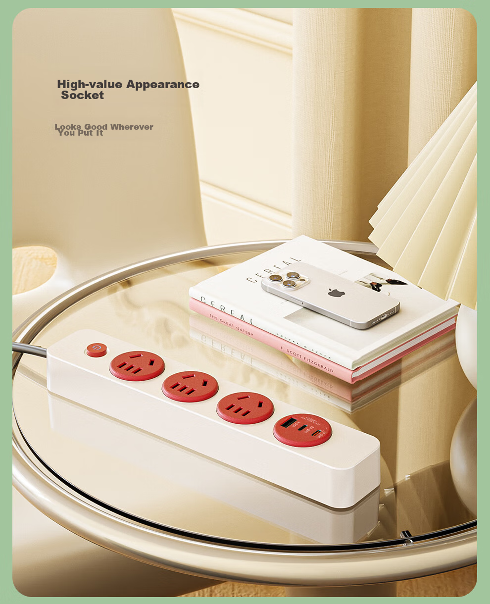 NVCleishidiangong EP3411B, 4-Outlet Master Control Power Strip, Overload Protection, Short Circuit Protection, 850° Flame Retardant, Dormitory Use, Retro Style, 1.8 Meters, Pink, Honey Color 6