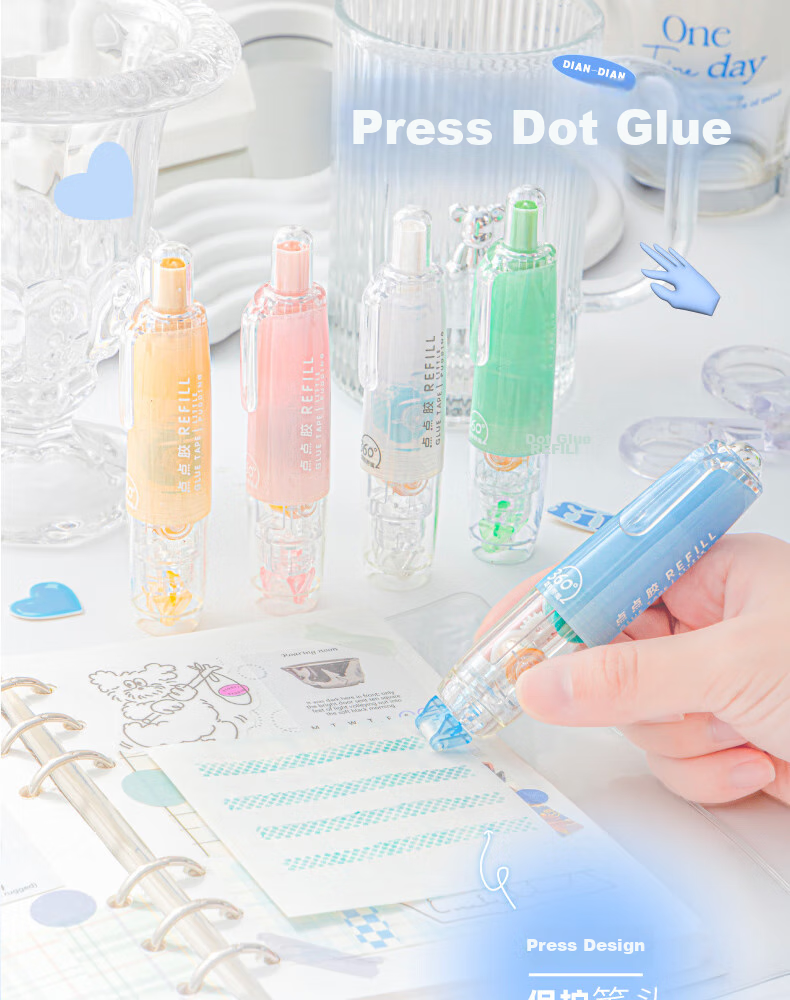 Sannianerban 5-Pack Retractable Dot Glue Pen, Children's Stylish High-Capacity Double-Sided Adhesive, Replaceable Core, Invisible Glue Pen Refill, Round Dots, Simple Style in 5 Colors 1