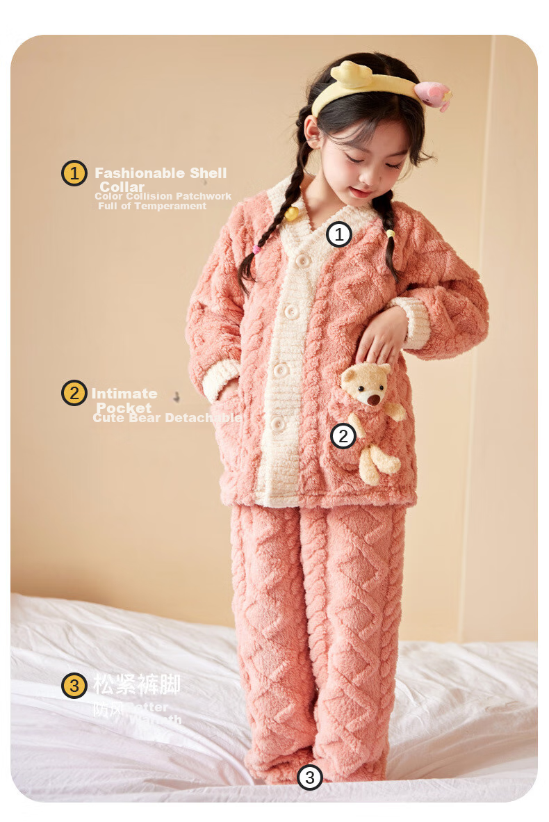 LangSha Children's Pajamas, Flannel Boys' Autumn And Winter Thickened Warm Sleepwear, Coral Fleece Home Wear Set for Older Childre 3