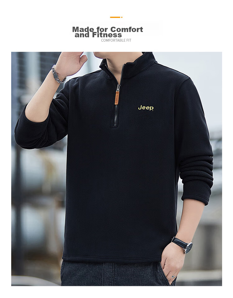JEEP Men's Sweatshirt, Loose-Fitting Long-Sleeve T-Shirt for Autumn And Winter, Fleece-Lined Thick Warm Clothing, Black, 3XL 11