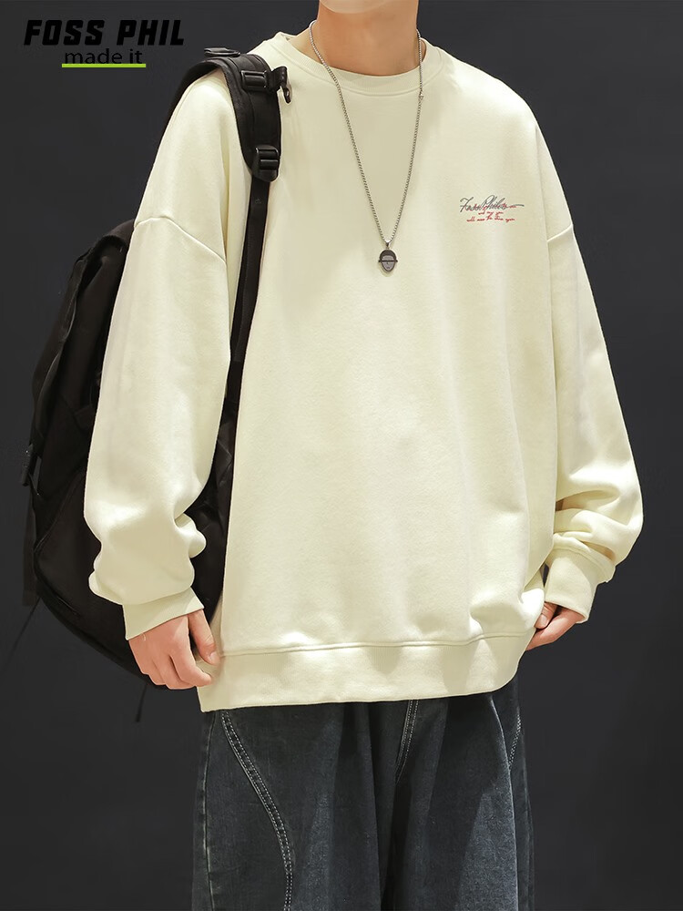 Foss Phil Men's Sweatshirt, Spring And Autumn Loose Fit, Printed Round Neck, Casual T-Shirt, Versatile Trendy Top, FPW4 Apricot Color, Size L 18