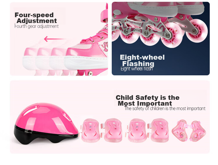 Disney Strawberry Bear Children's Roller Skates, Full Flash Inline Skates, Adjustable Ice Skates for Girls, Beginner Skating Shoes 3