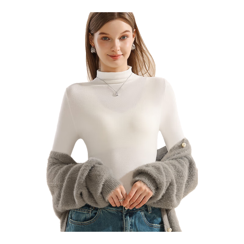 MiiOW New Thermal Velvet Women's Base Layer Long Sleeve Turtleneck Ribbed Stretch Slim Fit Top White L