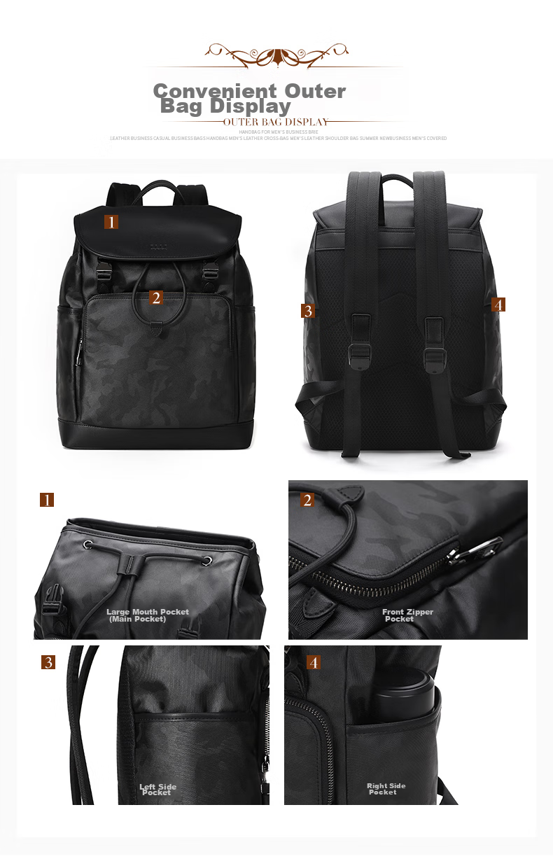 ELLE HOMME Men's Backpack, Trendy Camouflage Nylon Bag, Casual Large-Capacity 14-Inch Laptop Bag, 06260 Black 11