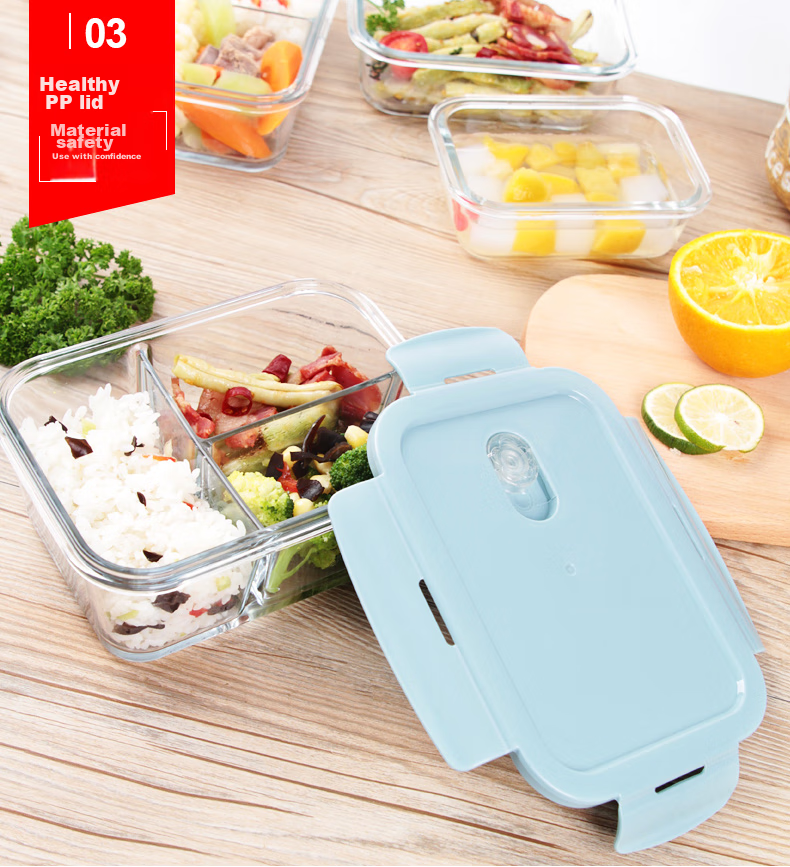 Chuangde Heat-Resistant Glass Food Storage Container, Microwave-Safe Lunch Box, Refrigerator Organizer Bento Bowl Meal Container, Heightened 3-Compartment 1020ml 8
