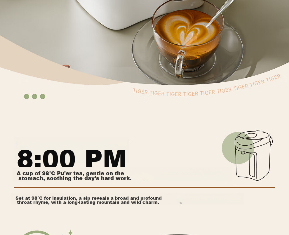 TIGER Electric Kettle, Smart Timer with 3 Temperature Settings, Anti-Drip Electric Kettle PDH-A22C 2.2L Electric Kettle Camel Color CU 12