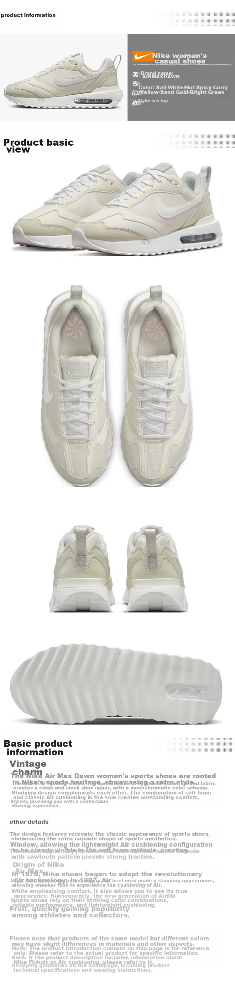 NIKE Women's Casual Shoes, Classic Air Cushion AIR MAX DAWN Sneakers, DC4068-100 Sail White, Size 39 1