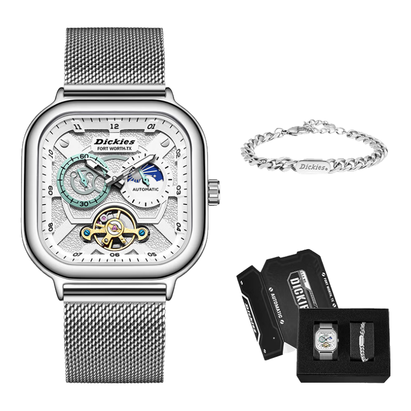 Dickies Mechanical Watch Student Men's Automatic Skeleton Watch Boyfriend Valentine's Day Gift New Year Gift Box CL579 Silver