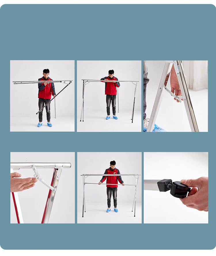 Annafu Floor-Standing Balcony Folding Drying Rack, Stainless Steel Extendable Quilt Hanger YJ95 Three-Pole + Wheels, 2.4 Meters 20