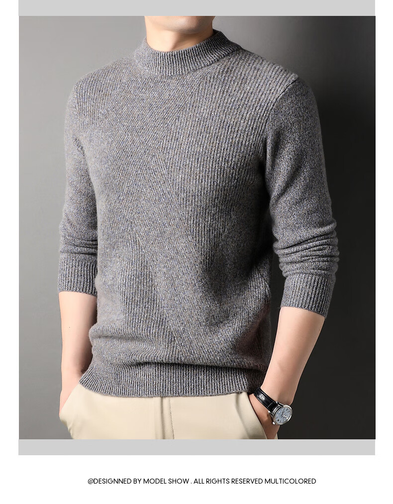 Hengyuanxiang Men's 100% Pure Wool Sweater, Thick Knit Pullover for Autumn And Winter, Round Neck Base Layer, Knitted Sweater 12