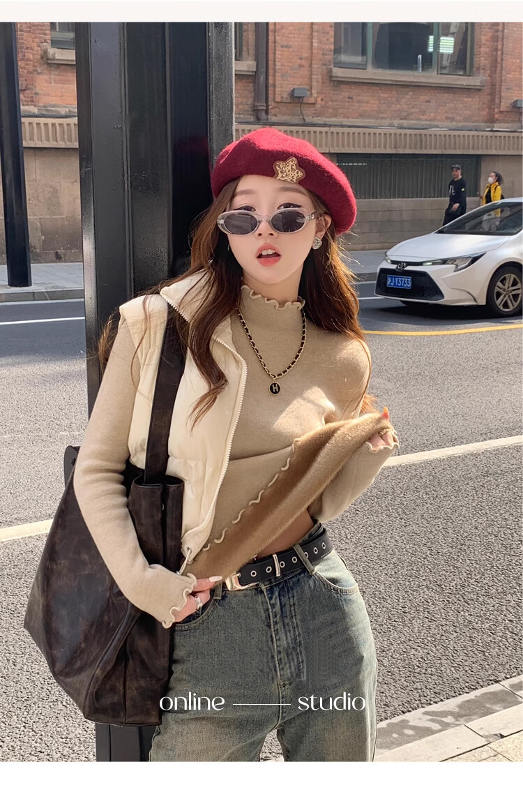 XUEXIMAN Knitted Sweater for Women, 2025 New Style, Solid Color Inner Layer, Semi-Turtleneck Top, Versatile Ruffle Trim Base Layer for Spring And Autum 8
