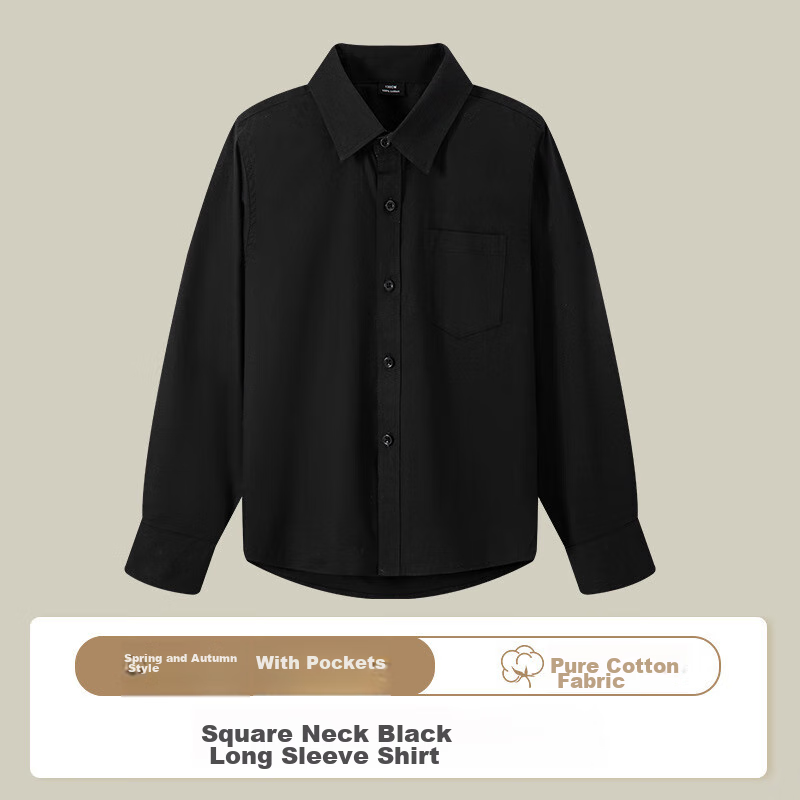 Yinuofang Children's White Long-Sleeve Shirt with Pocket, Boys' Shirt: Black Long Sleeve, 140CM 8