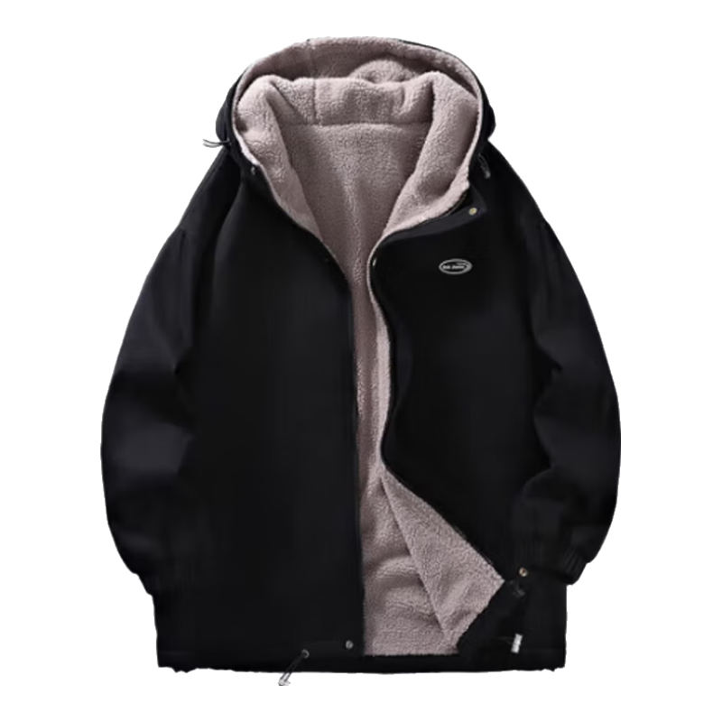 Mianzhi Men's Jacket, Autumn And Winter Coat, Casual Outerwear, Youth Hooded Thickened Lambswool, Loose-Fitting Jacket, Black, 3XL