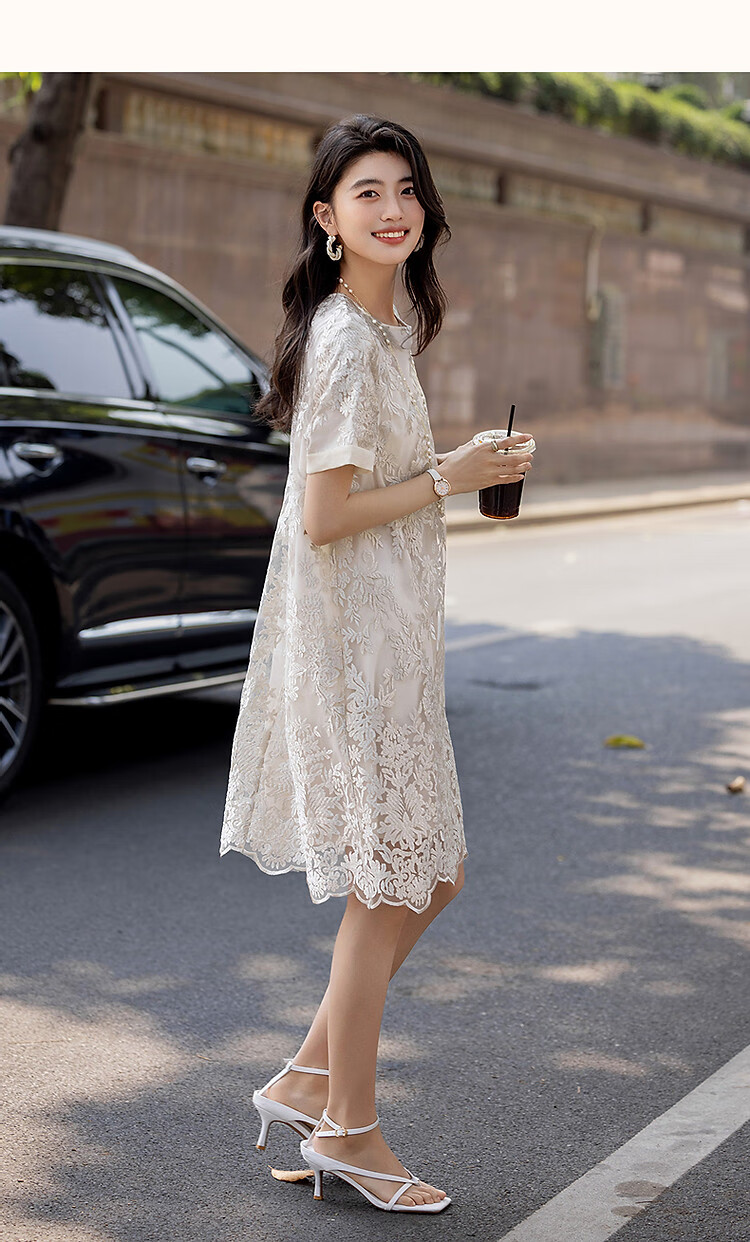 Demana French Charmer Summer Glossy Delicate Lace Embroidered Jacquard Short Sleeve Straight Mid-Length Women's Dress 15