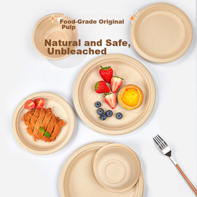 SHUANG YU Sugarcane Pulp Paper Plates, Bowls, Disposable Tableware, Waterproof And Oil-Resistant, Natural Color, Biodegradable Round Plates, 7 Inches, Pack of 30