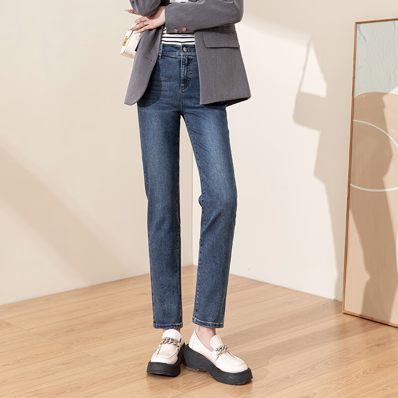 ESE-Y Women's Jeans, Spring And Autumn New Style, High-Waisted Slimming, Cigarette Slim-Fit Pants, Trousers, Denim Blue, Size 27