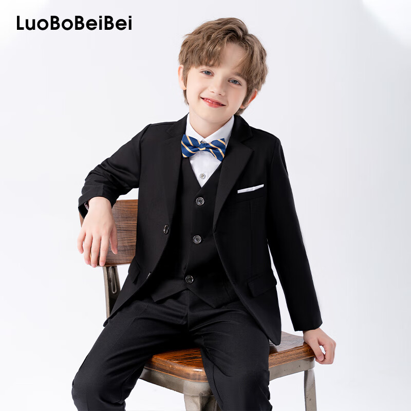LUOBOBEIBEI Children's Suit Autumn Winter Boys Blazer Middle and Small Kids Formal Set Piano Performance Outfit Black Five-Piece Set Size 160