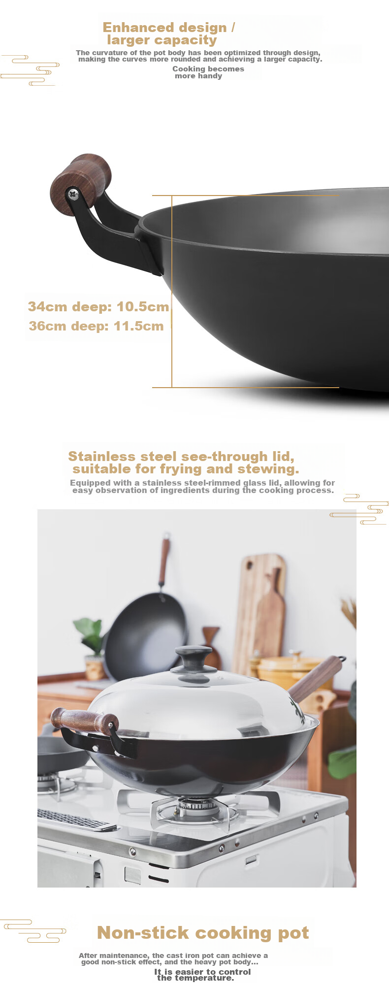 Dianjiang Uncoated Cast Iron Wok for Home Use, Enlarged Deep Round Bottom Iron Frying Pan, Non-Stick Gas Stove Pan, 34cm Single Handle Stir-Fry Pa 5